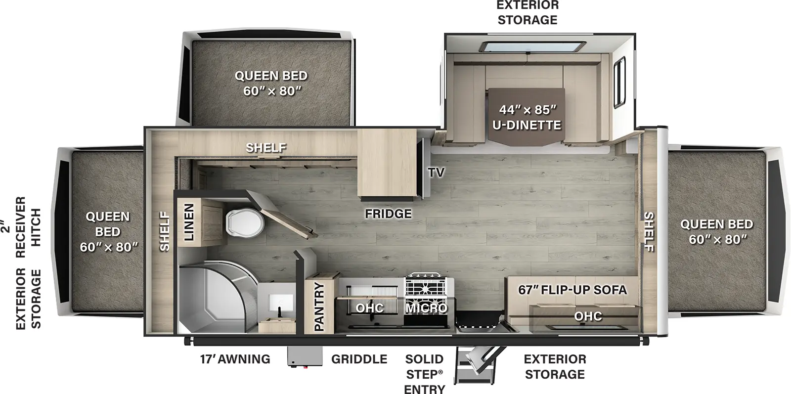 The Flagstaff Shamrock 233S has one entry and one slide out. Exterior features include: fiberglass exterior and 17' awning. 